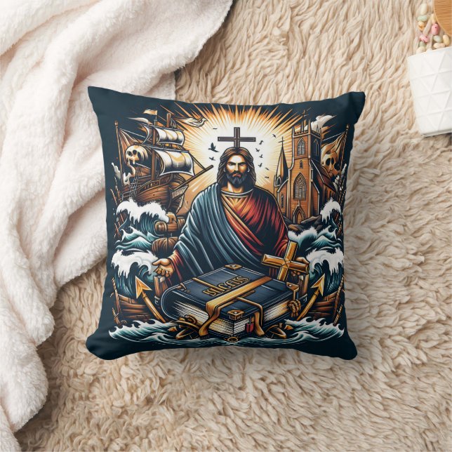 Jesus with a sacred book in stormy seas throw pillow (Blanket)