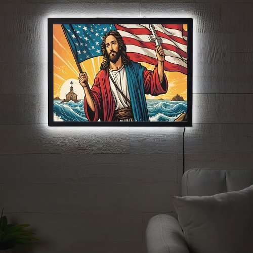 Jesus with American flag by sunset sea LED Sign