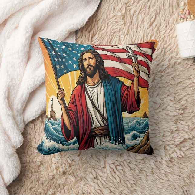 Jesus with American flag by sunset sea Throw Pillow (Blanket)