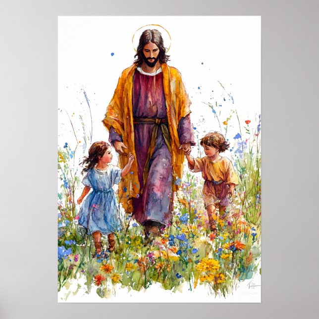 Jesus with Children Meadow Christian Wall Art (Front)
