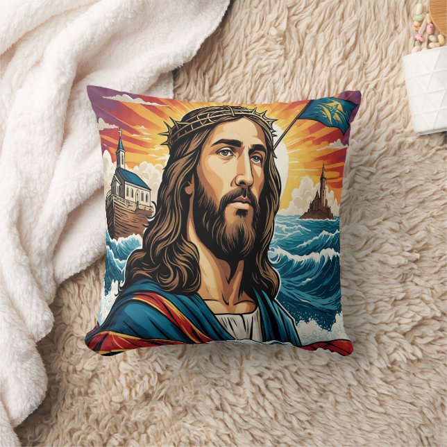Jesus with crown and flag amid stormy seas throw pillow (Blanket)