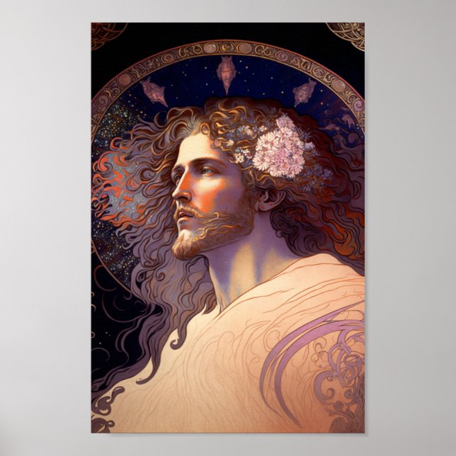 Jesus with Flowers in hair by Mucha AI Generated Poster (Front)