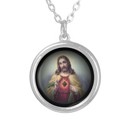 Jesus with Glowing Sacred Heart Silver Plated Necklace