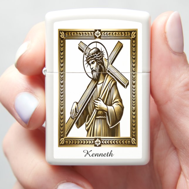 Jesus with Gold Cross of Redemption Zippo Lighter (In Hand)