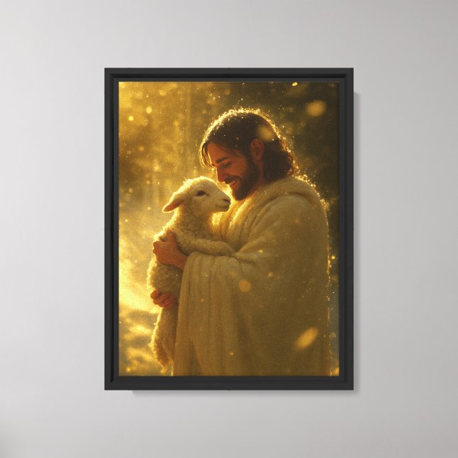 Jesus with Lamb in Golden Light Spiritual Canvas Print (Front)