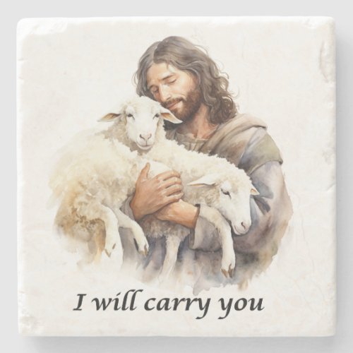 Jesus with lambs Christian stone coaster