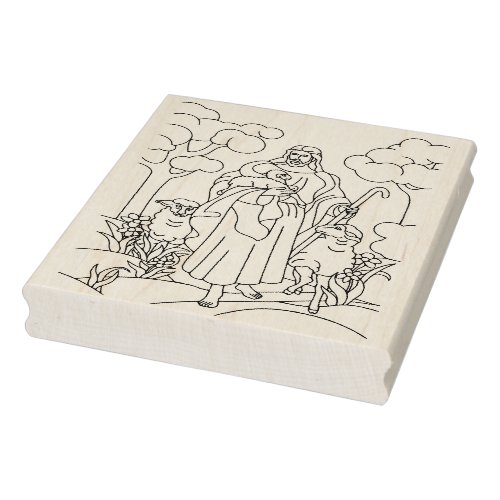 Jesus with lambs in a garden rubber stamp