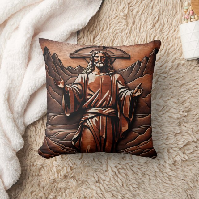 Jesus With Open Arms in Mountains Throw Pillow (Blanket)