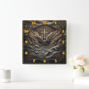 Jesus With Outstretched Arms Amid Stormy Waves Square Wall Clock