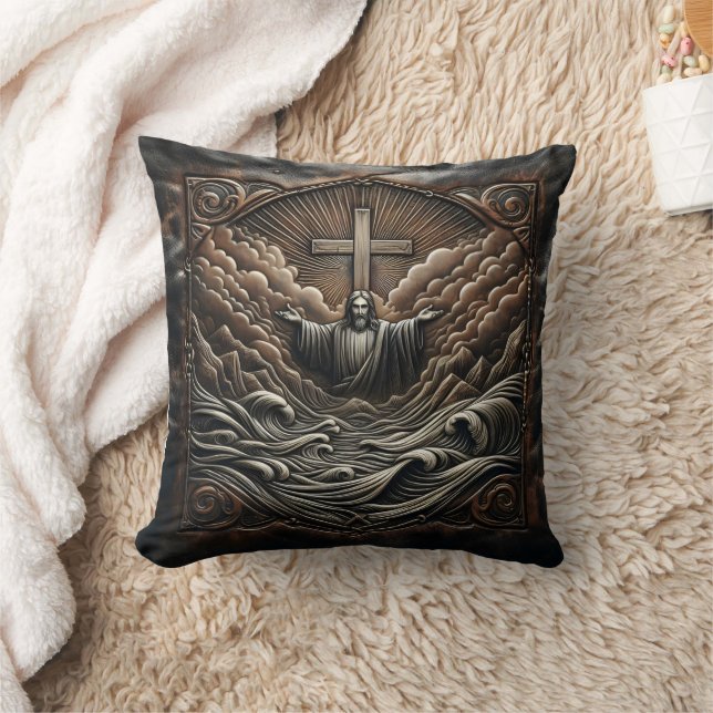 Jesus With Outstretched Arms Amid Stormy Waves Throw Pillow (Blanket)