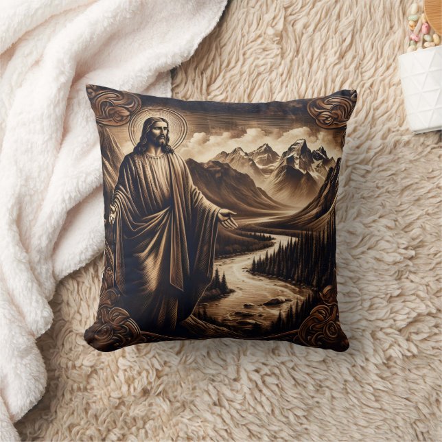 Jesus With Outstretched Arms in Mountain Landscape Throw Pillow (Blanket)