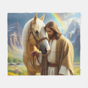 Jesus with Palomino Horse in Scenic Landscape Fleece Blanket