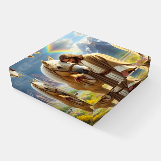 Jesus with Palomino Horse in Scenic Landscape  Paperweight (Angled)