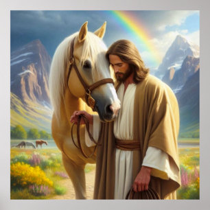 Jesus with Palomino Horse in Scenic Landscape Poster
