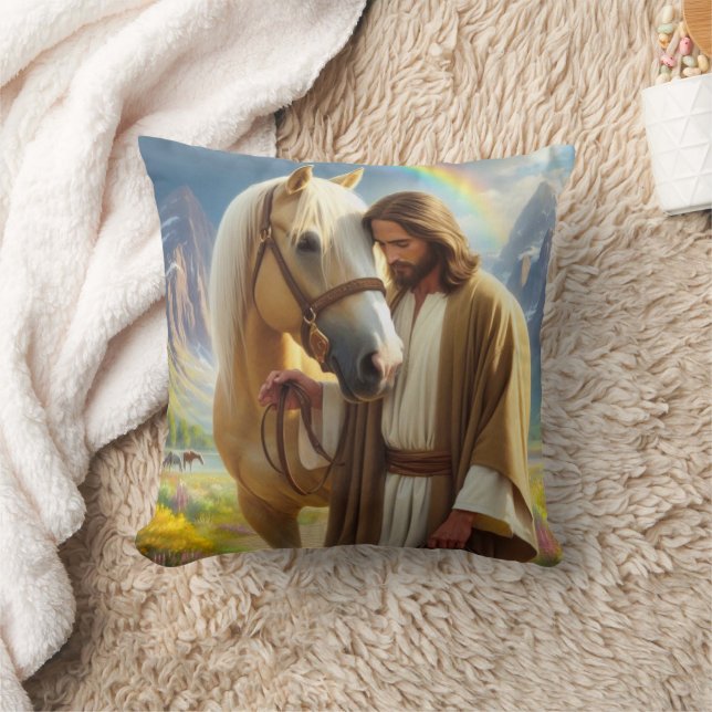 Jesus with Palomino Horse in Scenic Landscape  Throw Pillow (Blanket)