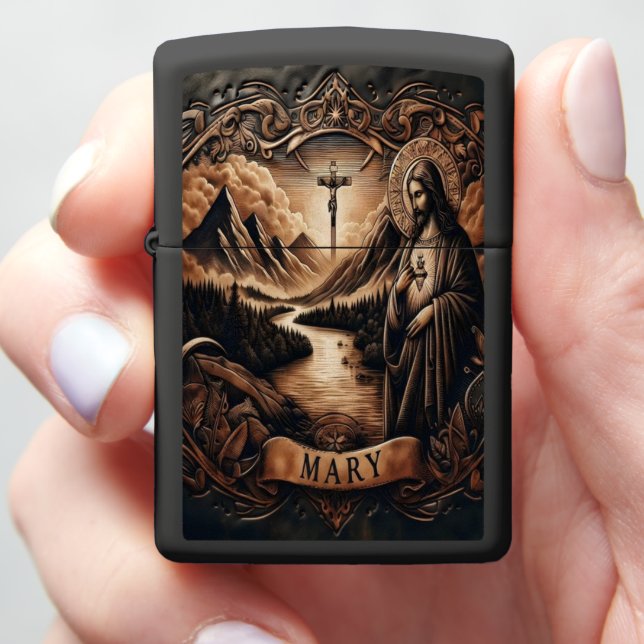Jesus With Sacred Heart In Landscape Zippo Lighter (In Hand)
