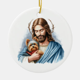 Jesus with Yorkie Personalized Pet Memorial  Ceramic Ornament