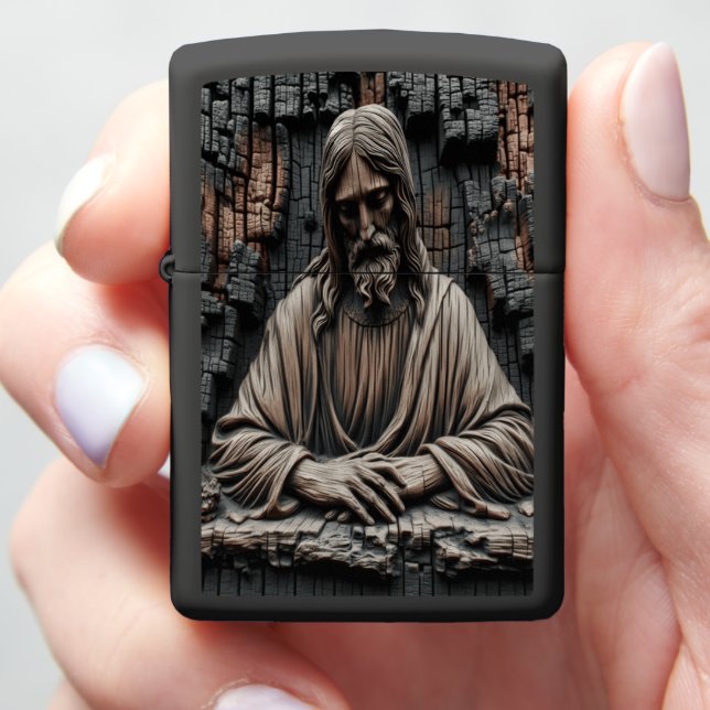 Jesus Woodburn Figure Carving Zippo Lighter (In Hand)