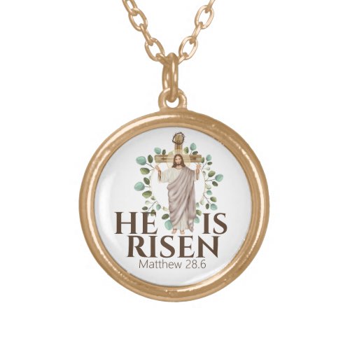 Jesus wooden cross he is risen catholic gold plated necklace