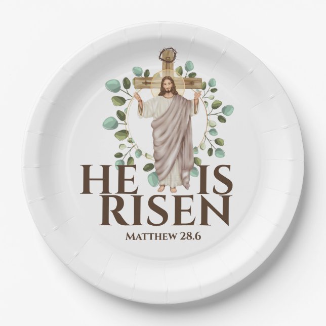 Jesus wooden cross He is Risen Easter holiday Paper Plates (Front)