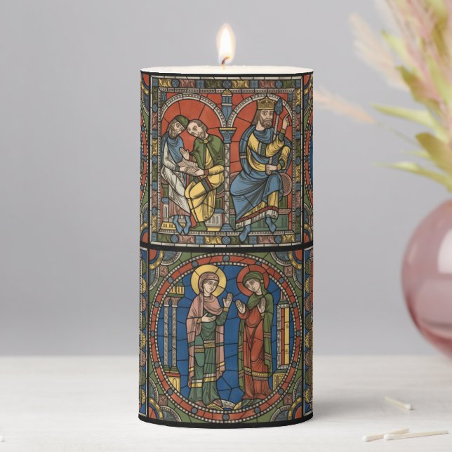 Jesus's Birth Mary Elizabeth Stained Glass Window  Pillar Candle (In Situ)