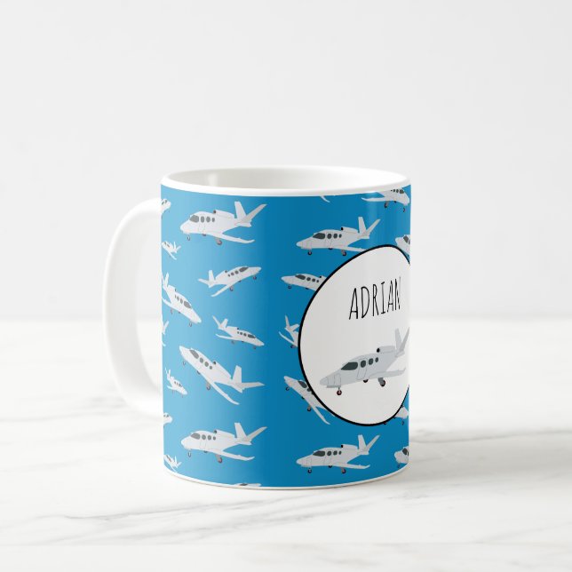 Jet Airplane Pattern Custom Name Coffee Mug (Front Left)