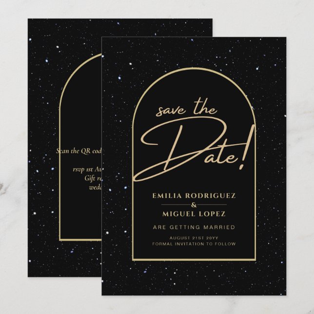 JET BLACK GOLD Starry Night Wedding SAVE DATE Invitation (Front/Back)