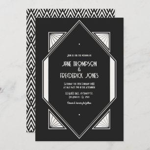 Jet Black & Ivory Linen Art Deco Wedding Photo Invitation