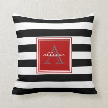 Jet Black Monogrammed Awning Stripe Throw Pillow by Letsrendevoo at Zazzle