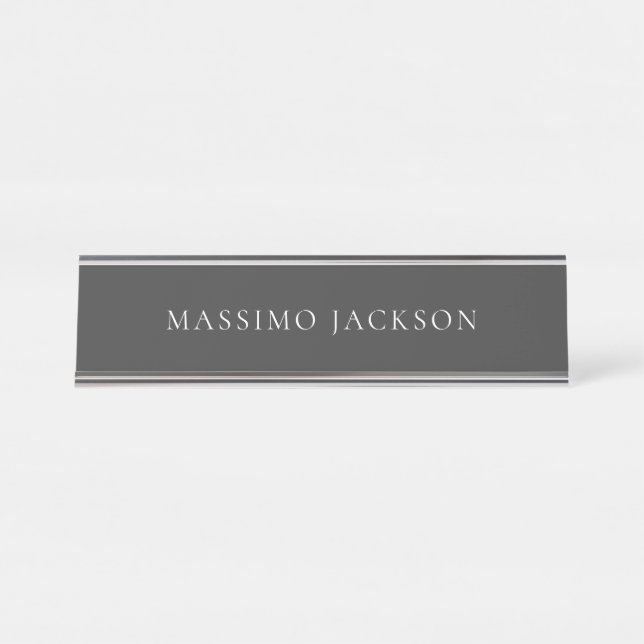Jet Black & White Minimalist Plain Modern Desk Name Plate (Front)