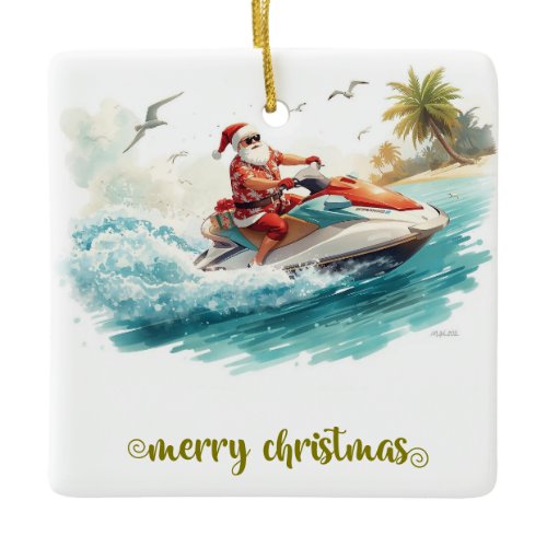 Jet Ski Christmas Holiday with Santa Claus Ceramic Ornament