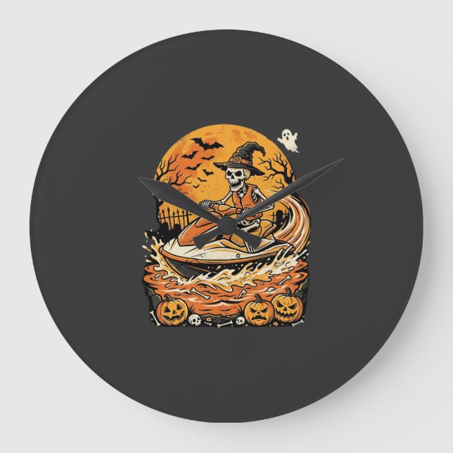 Jet Ski Halloween Skeleton Witch Pumpkin Design_1 Large Clock (Front)