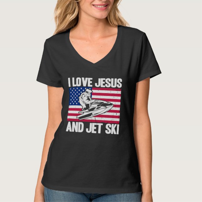 Jet Ski I Love Jesus And Jet Ski American Flag T-Shirt (Front)