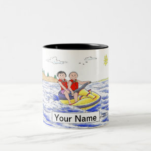 Jet Ski Riding Couple Cartoon by PrintedPerfection Two-Tone Coffee Mug