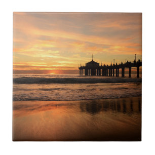 Jetty Over Ocean Beach Sunset Ceramic Tile
