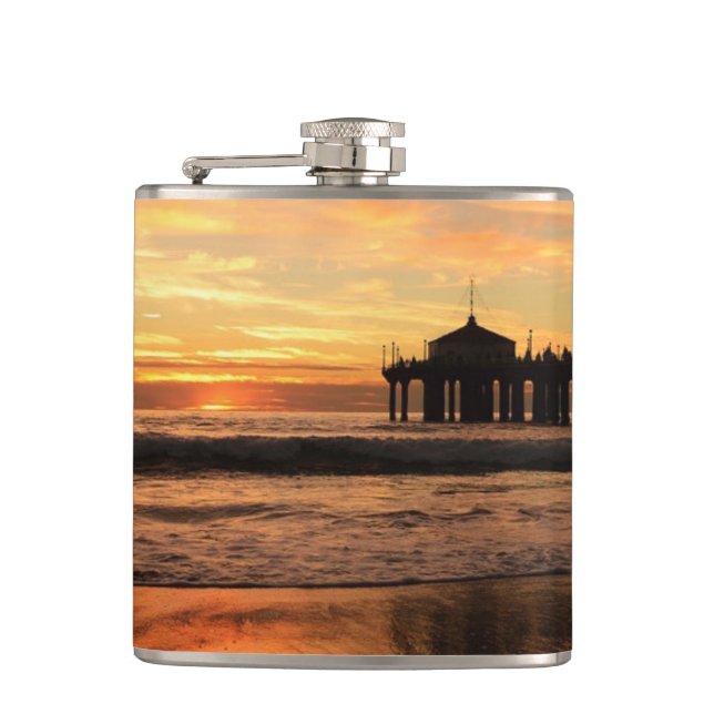 Jetty Over Ocean Beach Sunset Flask (Front)