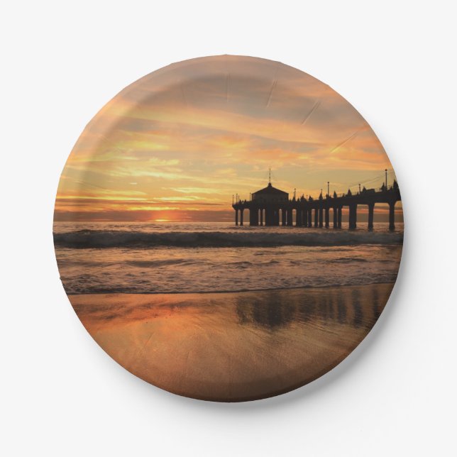 Jetty Over Ocean Beach Sunset Paper Plates (Front)