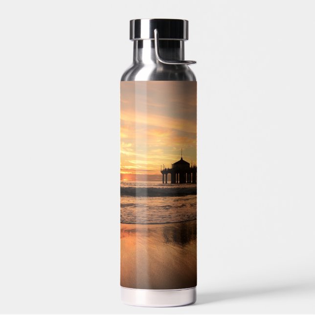 Jetty Over Ocean Beach Sunset Water Bottle (Left)