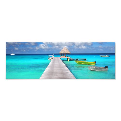 Jetty with boats in a tropical lagoon photo print
