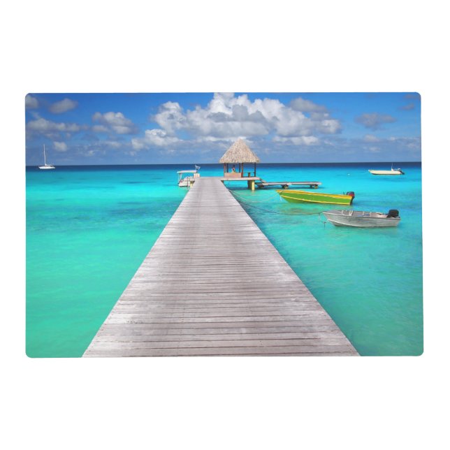 Jetty with boats in a tropical lagoon placemat (Back)