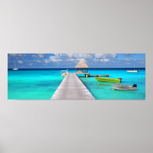 Jetty with boats in a tropical lagoon poster
