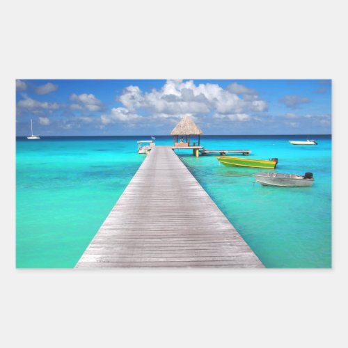 Jetty with boats in a tropical lagoon rectangular sticker
