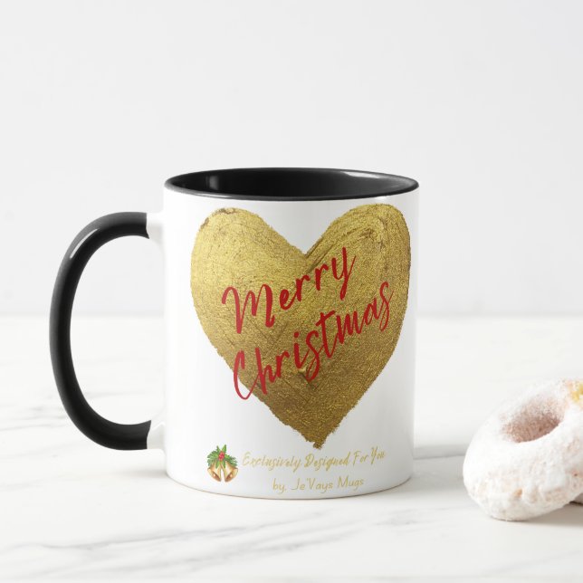Jevays Christmas Gold Heart Mugs (With Donut)