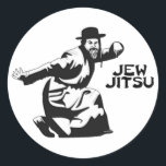 Jew Jitsu Sticker | Jewish Bar Mitzvah Gifts<br><div class="desc">Excellent gift for your upcoming Bar Mitzvah! 

This awesome round sticker contains a black graphic design and black text,  looks best on a light background color.


jew humor funny jews "ju jitsu" "jew jitsu" hilarious jewish hebrew</div>