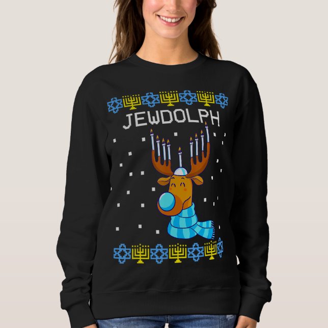 Jewdolph Ugly Hanukkah Sweater Reindeer Menorah Ch (Front)