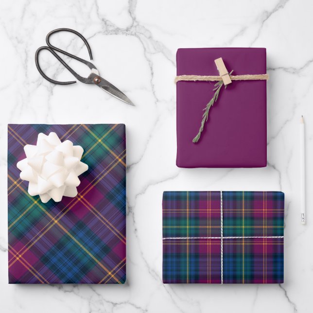 Jewel Blue, Green, Wine, Purple & Gold Plaid Wrapping Paper Sheets (Front)