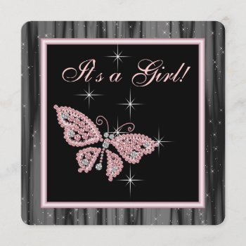 Jewel Butterfly Pink Black Baby Girl Shower Invitation by BabyCentral at Zazzle