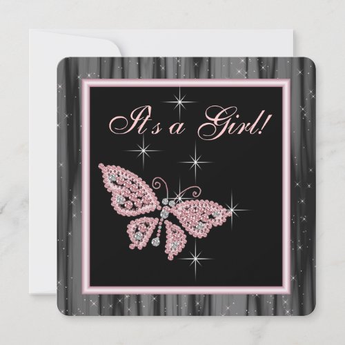 Jewel Butterfly Pink Black Baby Girl Shower Announcements