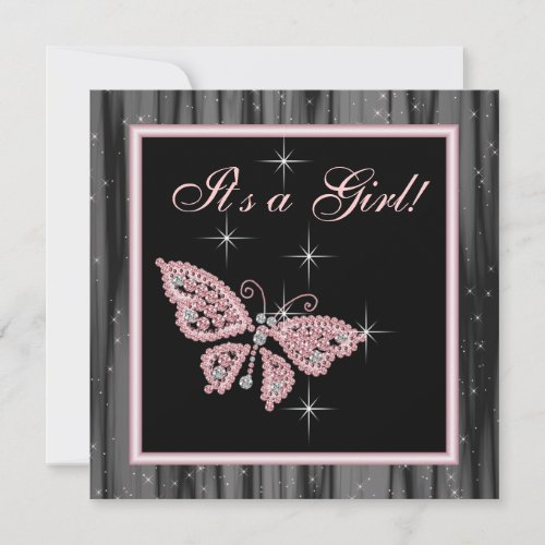 Jewel Butterfly Pink Black Baby Girl Shower Invitations