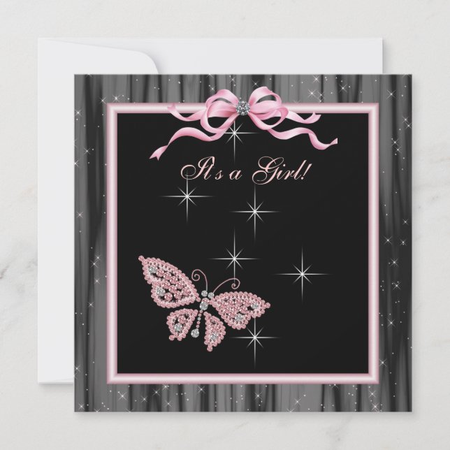 Jewel Butterfly Pink Black Baby Girl Shower Invitation (Front)